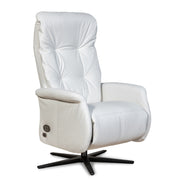 Recliner 10 -tuoli valkoisella täysnahkaverhoilulla ja mustalla alumiinijalalla. Mekanismituoli on malliltaan siro ja kapea recliner mm. pyörintämekanismilla.
