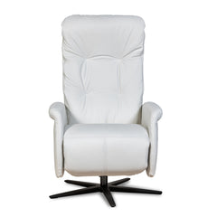 Recliner 10 -tuoli valkoisella täysnahkaverhoilulla ja mustalla alumiinijalalla. Mekanismituoli on malliltaan siro ja kapea recliner mm. pyörintämekanismilla.