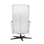Recliner 10 -tuoli valkoisella täysnahkaverhoilulla ja mustalla alumiinijalalla. Mekanismituoli on malliltaan siro ja kapea recliner mm. pyörintämekanismilla.