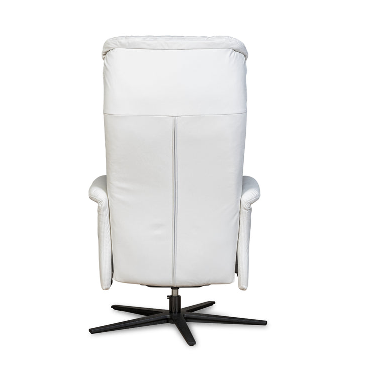 Recliner 10 -tuoli valkoisella täysnahkaverhoilulla ja mustalla alumiinijalalla. Mekanismituoli on malliltaan siro ja kapea recliner mm. pyörintämekanismilla.
