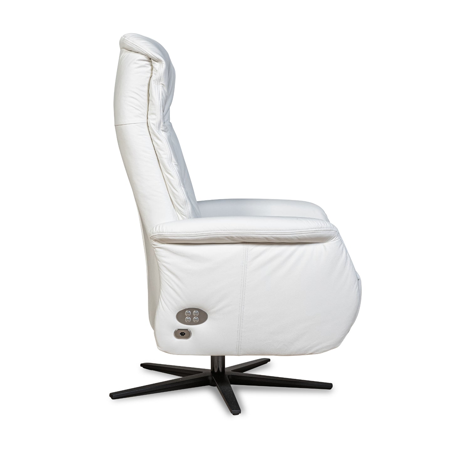 Recliner 10 -tuoli valkoisella täysnahkaverhoilulla ja mustalla alumiinijalalla. Mekanismituoli on malliltaan siro ja kapea recliner mm. pyörintämekanismilla.