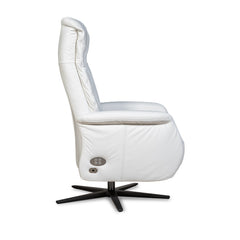 Recliner 10 -tuoli valkoisella täysnahkaverhoilulla ja mustalla alumiinijalalla. Mekanismituoli on malliltaan siro ja kapea recliner mm. pyörintämekanismilla.