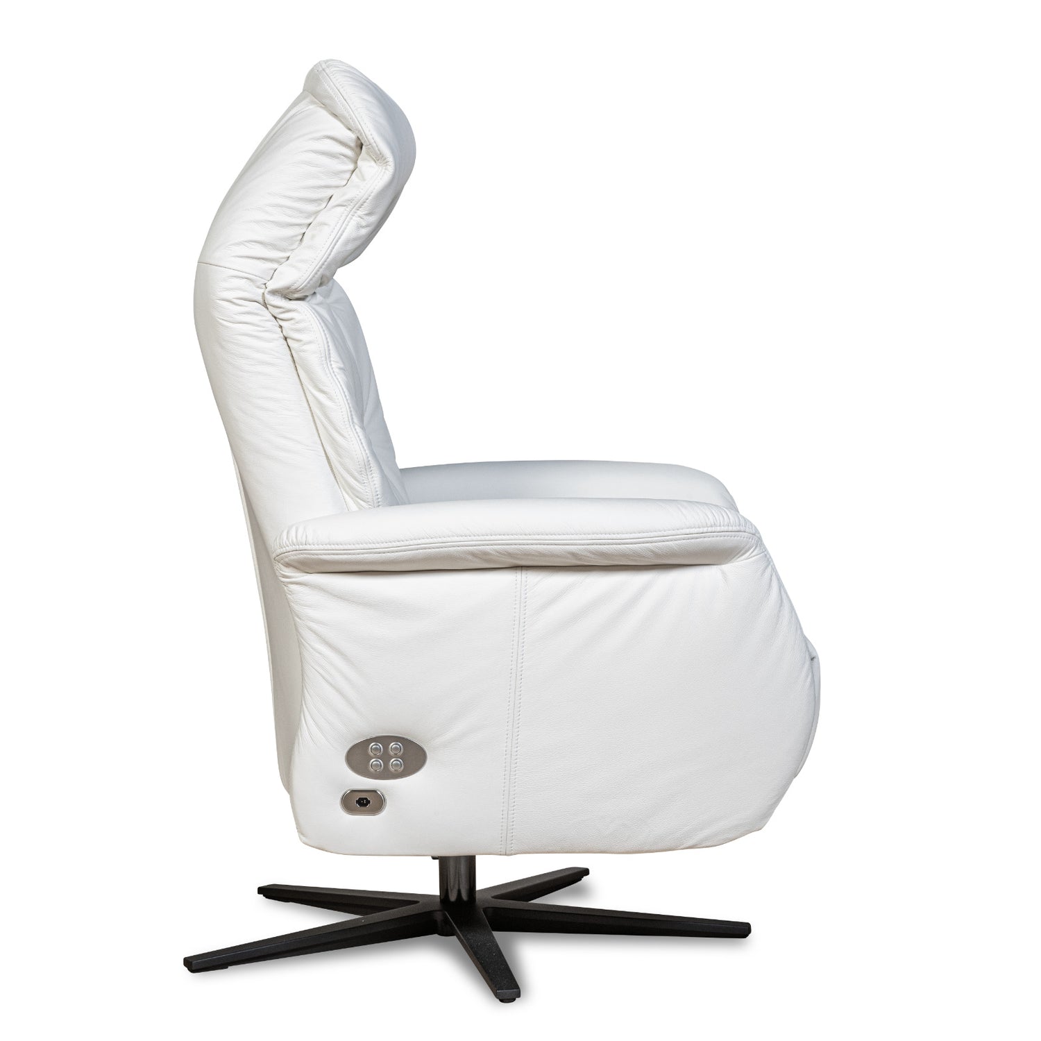 Recliner 10 -tuoli valkoisella täysnahkaverhoilulla ja mustalla alumiinijalalla. Mekanismituoli on malliltaan siro ja kapea recliner mm. pyörintämekanismilla. Pyörivässä lepotuolissa on selkänojan kallistusmekanismi, nouseva jalkarahi ja säädettävä niskatuki.