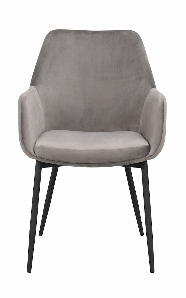 Reily-tuoli harmaanbeigellä #17 samettiverhoilulla ja mustilla metallijaloilla.