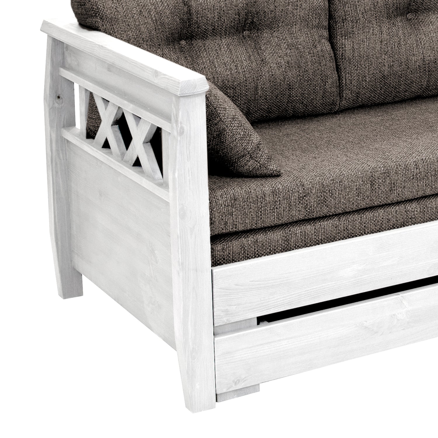 Reimari-laverisohva, valkoinen. Kuvassa oleva ruskea Hygge-kankainen Kolmi-patjasarja myydään erikseen.