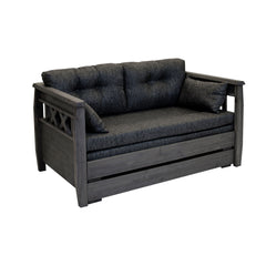 Harmaa Reimari-laverisohva tummanharmaalla Hygge-kankaisella Tupla-taittopatjasarjalla.