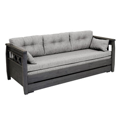 Harmaa Reimari-laverisohva beigellä Hygge-kankaisella Kolmi-taittopatjasarjalla.