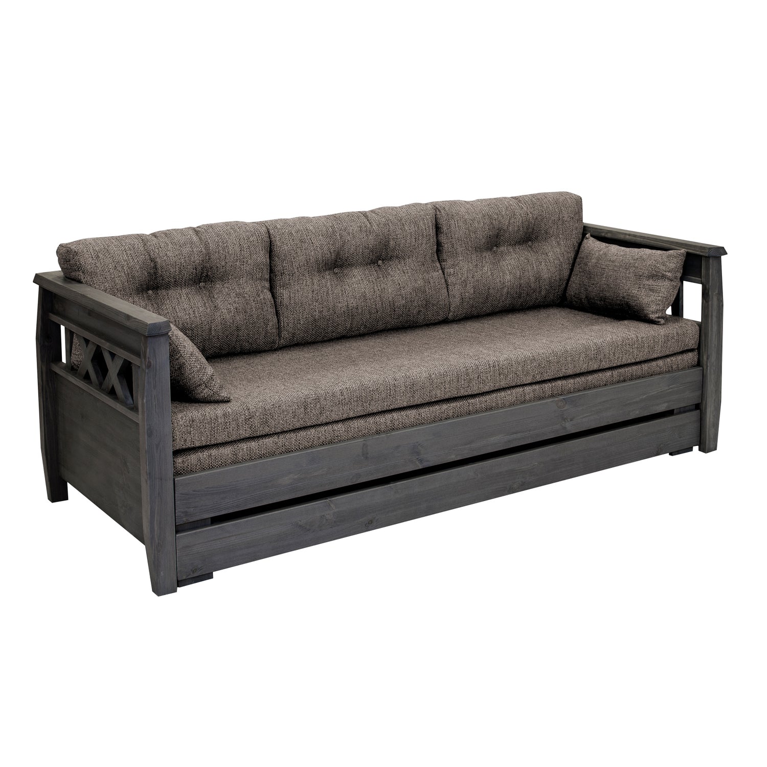 Harmaa Reimari-laverisohva ruskealla Hygge-kankaisella Kolmi-taittopatjasarjalla.