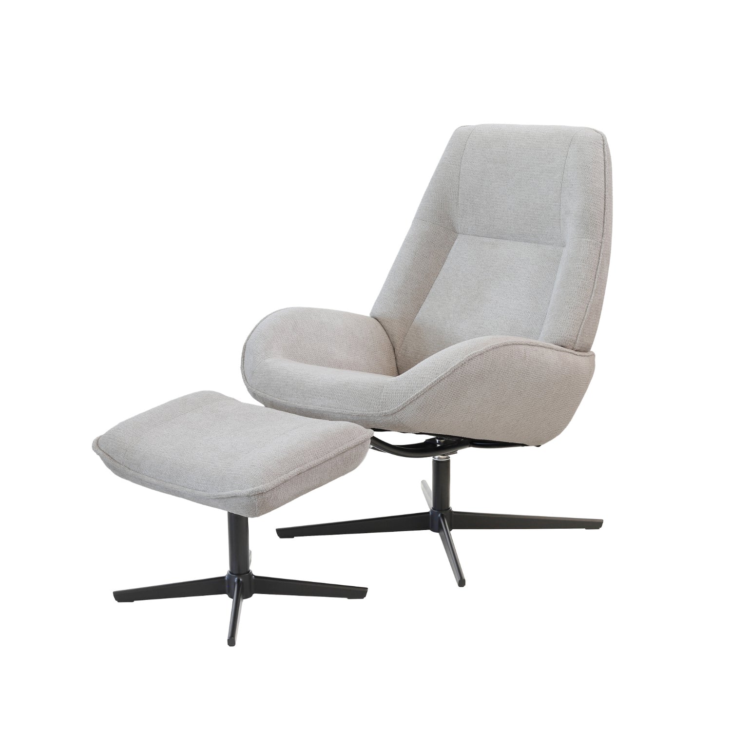 Kebe Roma -nojatuolisetti beigenvärisellä Naturel Mito 463 -kangasverhoilulla ja mustalla Bossa Flat -ristikkojalalla. Settiin kuuluu optimaalisena jalkatukena toimiva rahi.