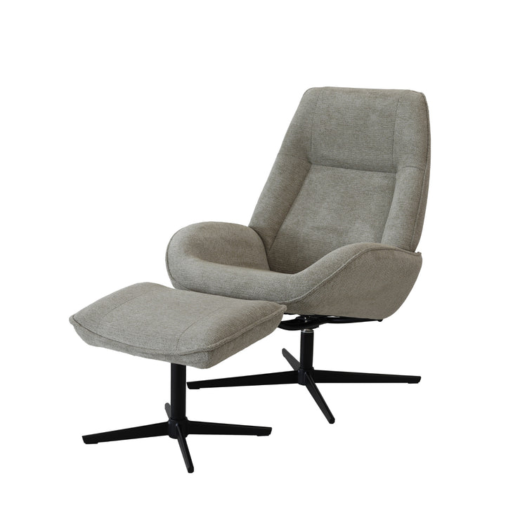 Kebe Roma -tv-tuolisetti harmaanbeigen värisellä Mito Mushroom 707 -kangasverhoilulla ja mustalla Bossa Flat -ristikkojalalla.  Settiin kuuluu optimaalisena jalkatukena toimiva rahi.