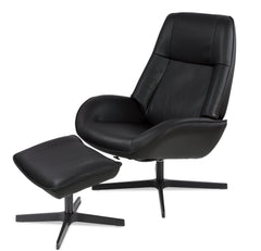 Kuvassa on kokomusta yhdistelmäsetti Kebe Roma -nojatuoli Balder-nahkaverhoilulla ja Vision-ristikkojalalla, sekä rahi.