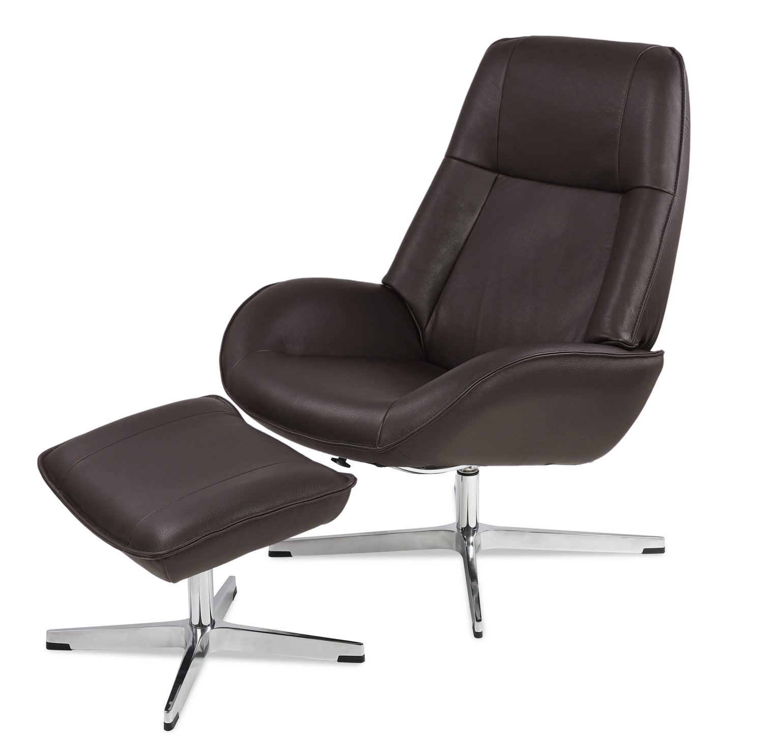 Kuvassa on yhdistelmäsetti Kebe Roma -nojatuoli tummanruskealla Balder-nahkaverhoilulla ja krominvärisellä Vision-ristikkojalalla, sekä samanvärinen rahi.