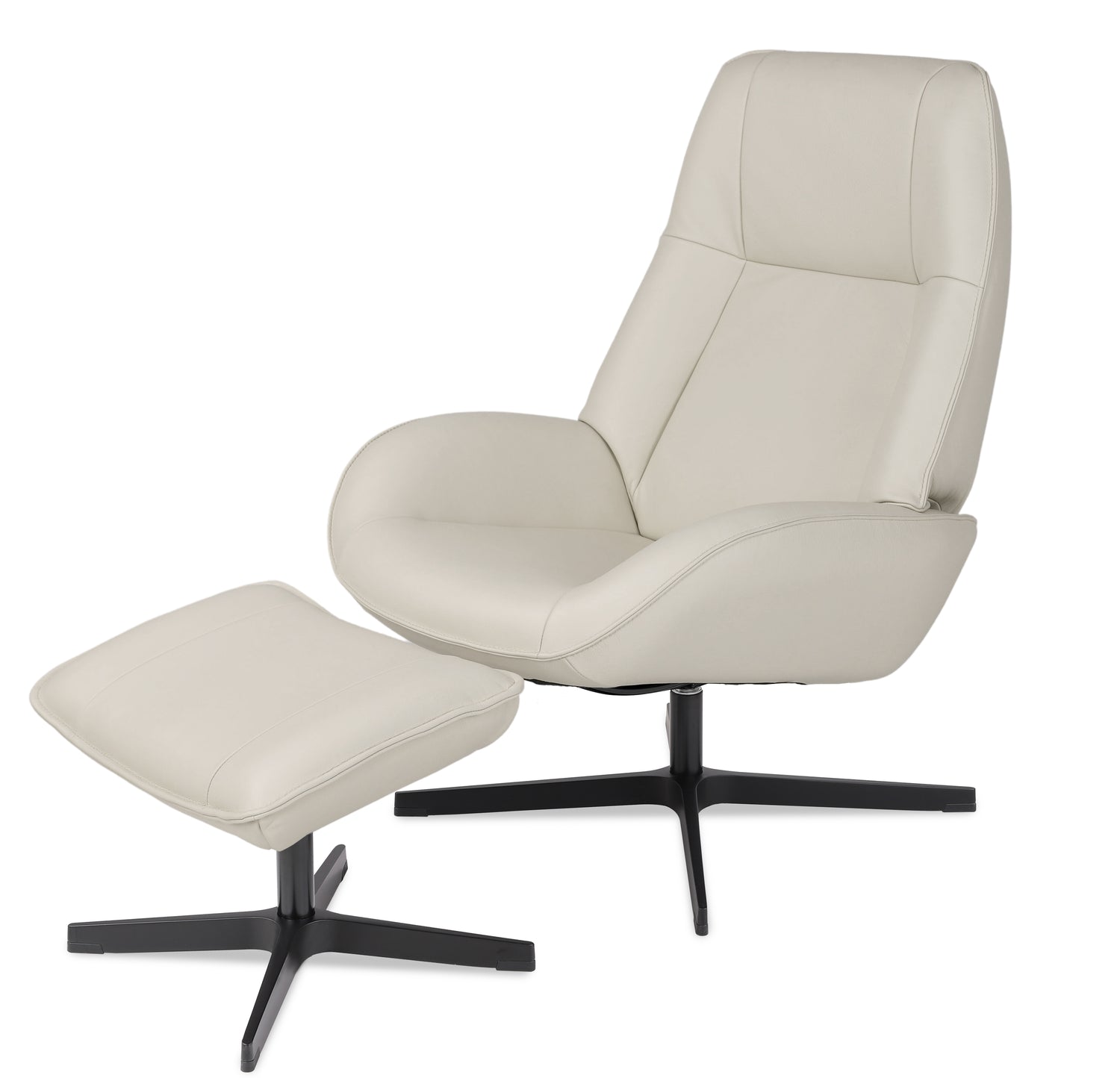 Kuvassa on yhdistelmäsetti Kebe Roma -nojatuoli valkoisella Balder-nahkaverhoilulla ja mustalla Vision-ristikkojalalla, sekä samanvärinen rahi.