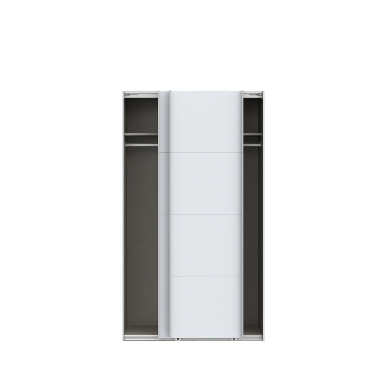 Kuvassa mattavalkoinen 120 cm Kira-liukuovikomero, liukuovet raollaan. Kaapin sisus on väriltään harmaata kangasjäljitelmää. Henkaritanko ja Sophisticspace-vetimet ovat metallia.