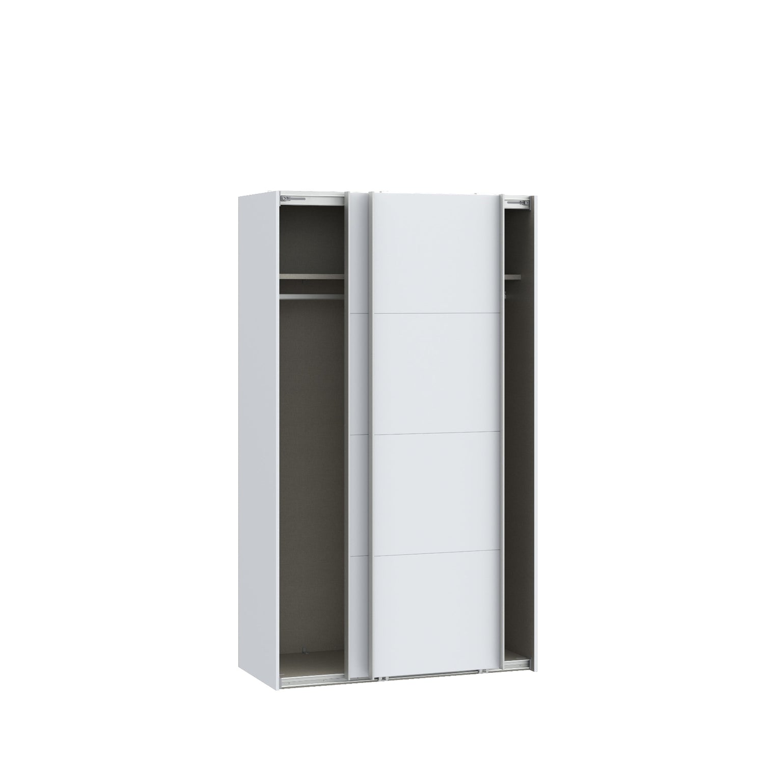 Kuvassa mattavalkoinen 120 cm Kira-liukuovikomero, liukuovet raollaan. Kaapin sisus on väriltään harmaata kangasjäljitelmää. Henkaritanko ja Sophisticspace-vetimet ovat metallia.