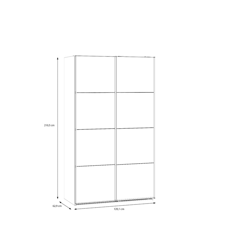 Kuvassa on mattavalkoisen 120 cm Kira-liukuovikomeron mittapiirroskuva ulkomitoista.