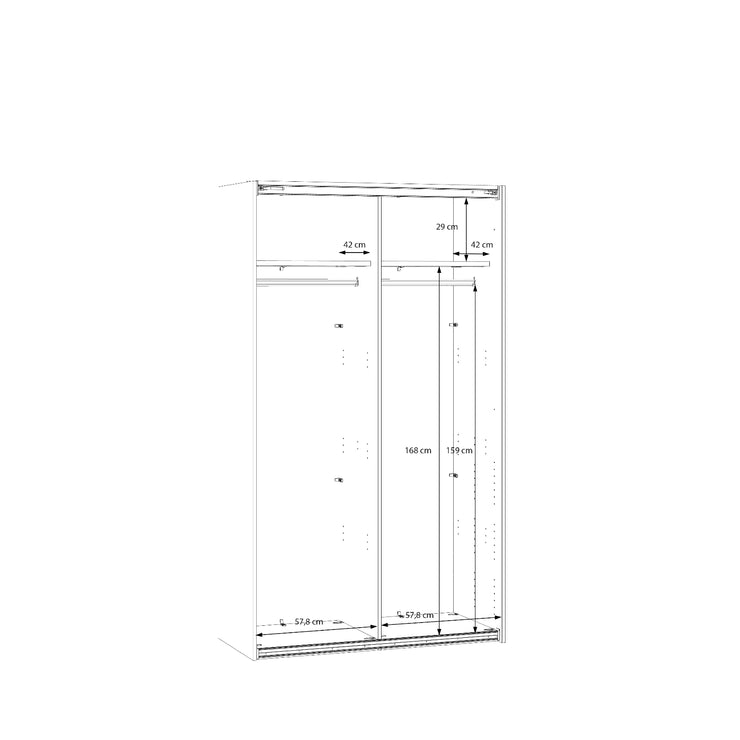 Kuvassa on mattavalkoisen 120 cm Kira-liukuovikomeron mittapiirroskuva sisämitoista.