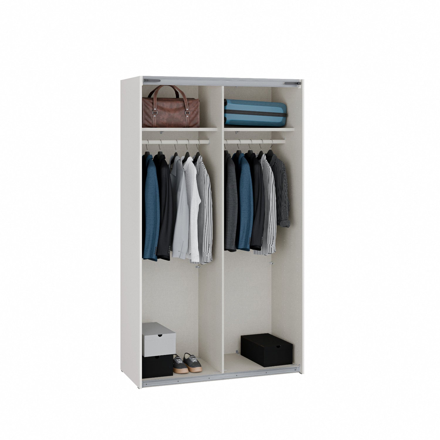 Kuvassa mattabeige 120 cm Kira-liukuovikomeron sisus, joka on väriltään kangasjäljitelmää. Henkaritanko ja Sophisticspace-vetimet ovat metallia.