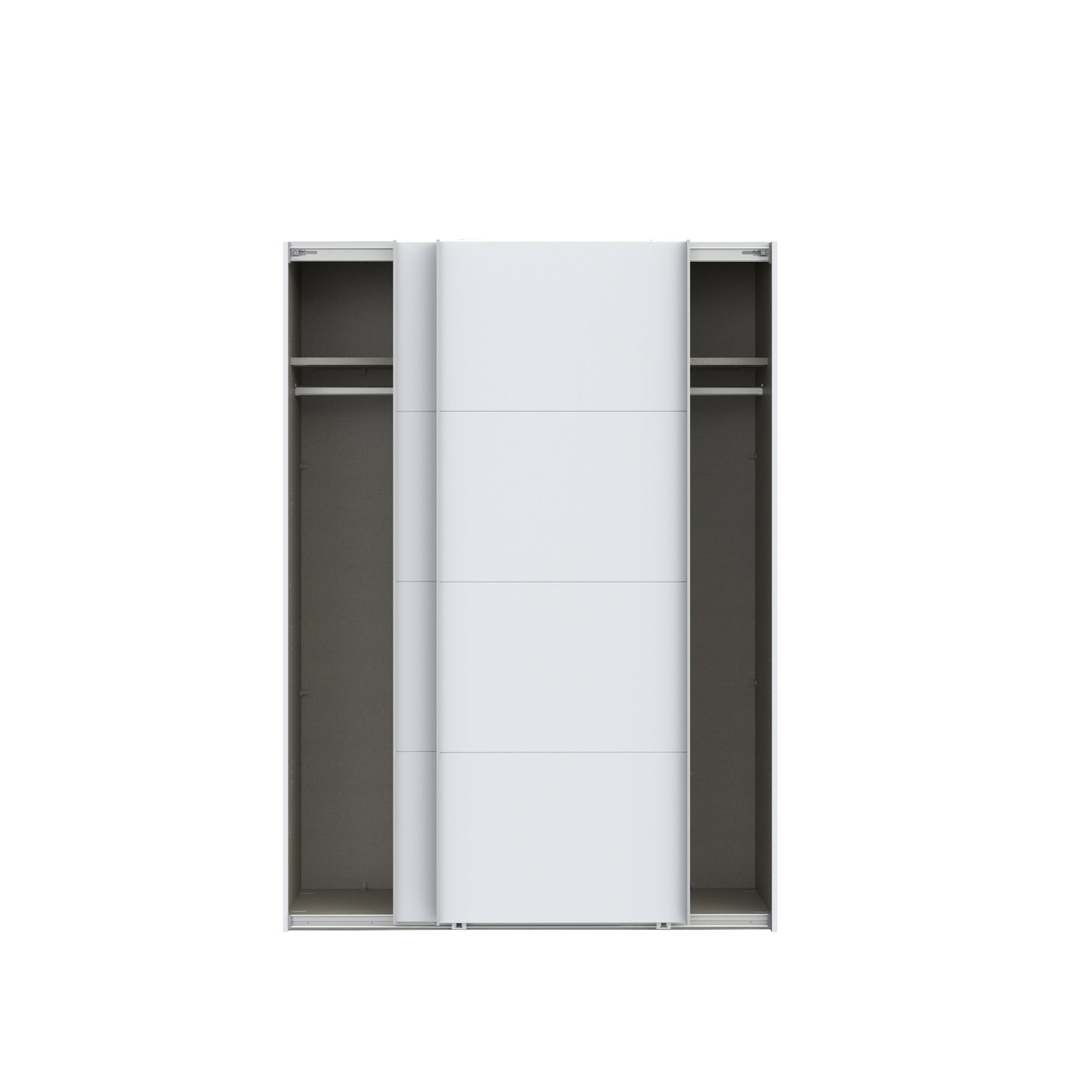 Kuvassa mattavalkoinen 150 cm Kira-liukuovikomero, liukuovet raollaan. Kaapin sisus on väriltään harmaata kangasjäljitelmää. Henkaritanko ja Sophisticspace-vetimet ovat metallia.