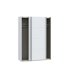 Kuvassa mattavalkoinen 150 cm Kira-liukuovikomero, liukuovet raollaan. Henkaritanko ja Sophisticspace-vetimet ovat metallia.