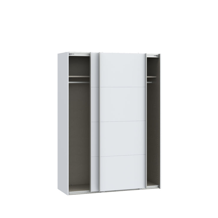 Kuvassa mattavalkoinen 150 cm Kira-liukuovikomero, liukuovet raollaan. Henkaritanko ja Sophisticspace-vetimet ovat metallia.