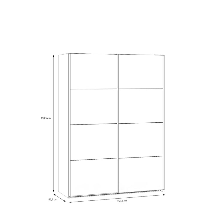 Kuvassa on mattavalkoisen 150 cm Kira-liukuovikomeron mittapiirroskuva ulkomitoista.