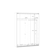 Kuvassa on mattavalkoisen 150 cm Kira-liukuovikomeron mittapiirroskuva sisämitoista.