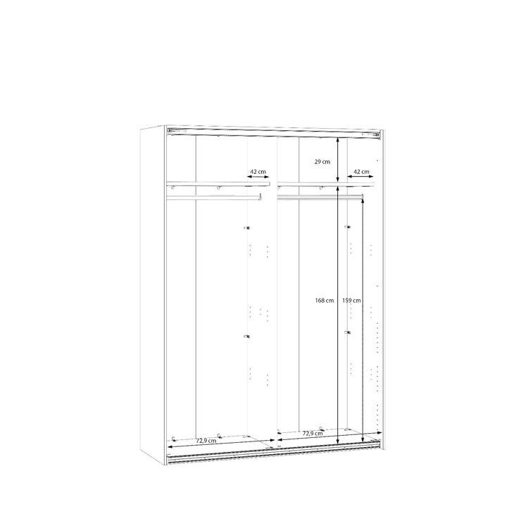 Kuvassa on mattavalkoisen 150 cm Kira-liukuovikomeron mittapiirroskuva sisämitoista.