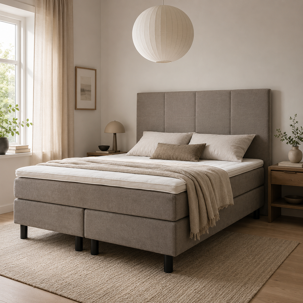 Juhlajenkki Saga -jenkkisänkypaketti verhoiltuna hiekanvärisellä Avila 09 -kankaalla. Valkoinen Relax-petauspatja ja mustat pyöreät tolppajalat, sekä Heaven by Unico Gold -sängynpääty kuuluvat pakettiin. Stailattu visualisointi.
