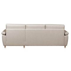 Salla-divaanivuodesohva beigellä Sparr 362 -kangasverhoilulla ja luonnonvärisillä puujaloilla. Sohva on kauttaaltaan verhoiltu huolellisesti.