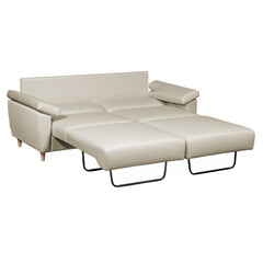 Salla-vuodesohva beigellä Minco 30-kangasverhoilulla ja luonnonvärisillä puujaloilla. Vuodemekanismi on avattavissa yhdelle tai kahdelle nukkujalle.