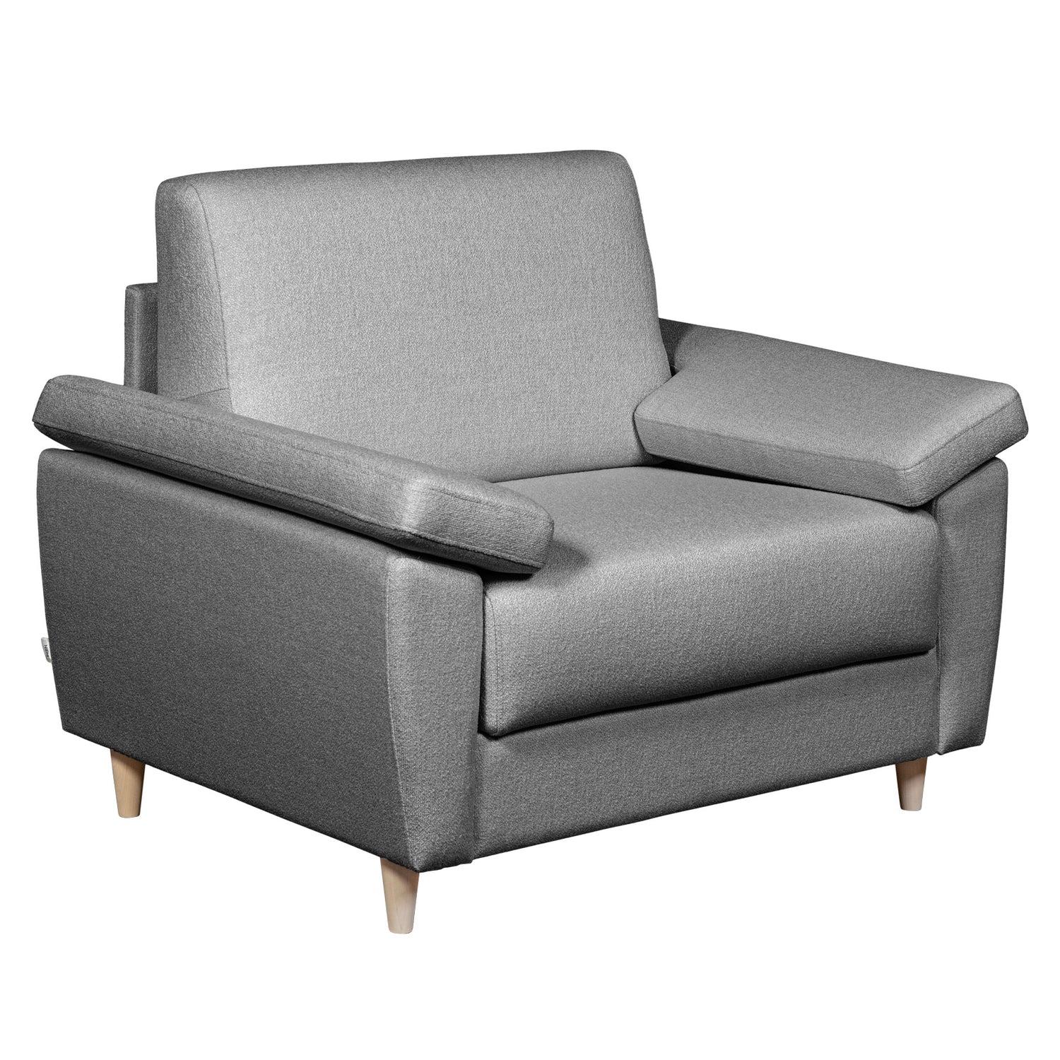 Salla-vuodetuoli harmaalla Minco 16-kangasverhoilulla ja luonnonvärisillä puujaloilla.