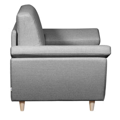 Salla-vuodetuoli harmaalla Minco 16-kangasverhoilulla ja luonnonvärisillä puujaloilla.