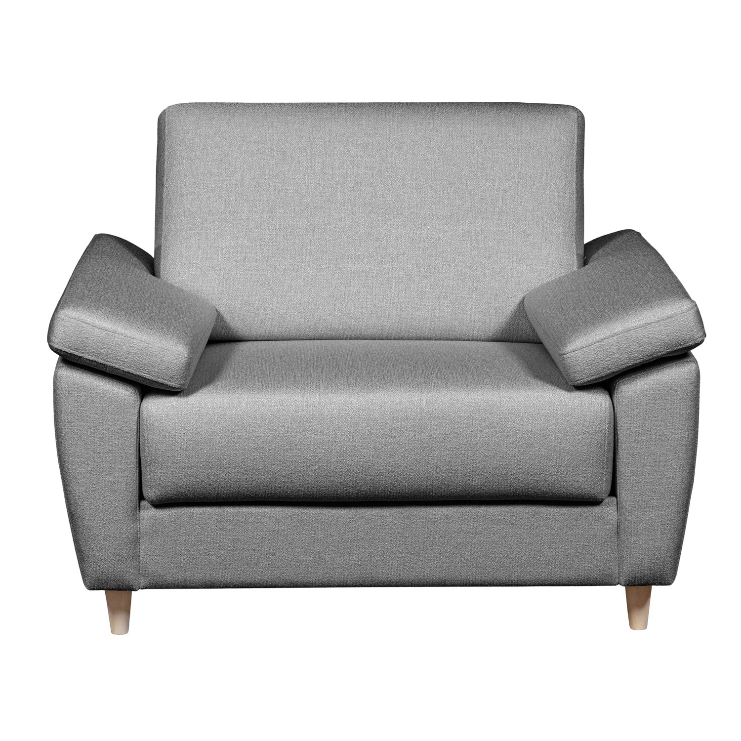 Salla-vuodetuoli harmaalla Minco 16-kangasverhoilulla ja luonnonvärisillä puujaloilla.