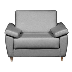 Salla-vuodetuoli harmaalla Minco 16-kangasverhoilulla ja luonnonvärisillä puujaloilla.