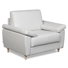 Salla-vuodetuoli vaalealla Minco 2-kangasverhoilulla ja luonnonvärisillä puujaloilla.