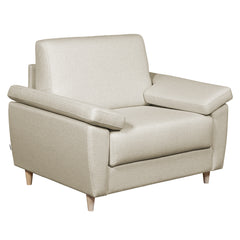 Salla-vuodetuoli beigellä Minco 30-kangasverhoilulla ja luonnonvärisillä puujaloilla.