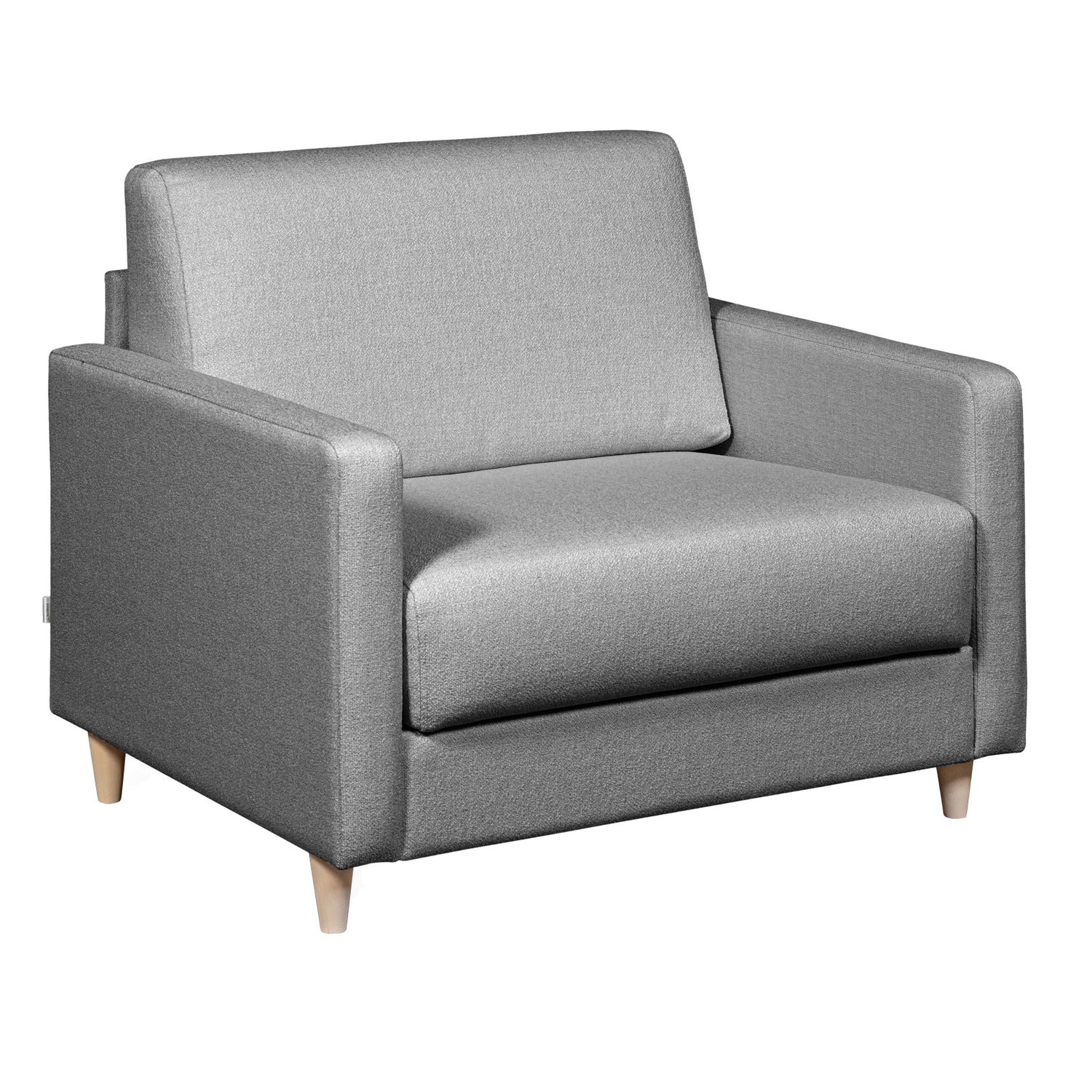 Salla-vuodetuoli harmaalla Minco 16-kangasverhoilulla ja luonnonvärisillä puujaloilla.