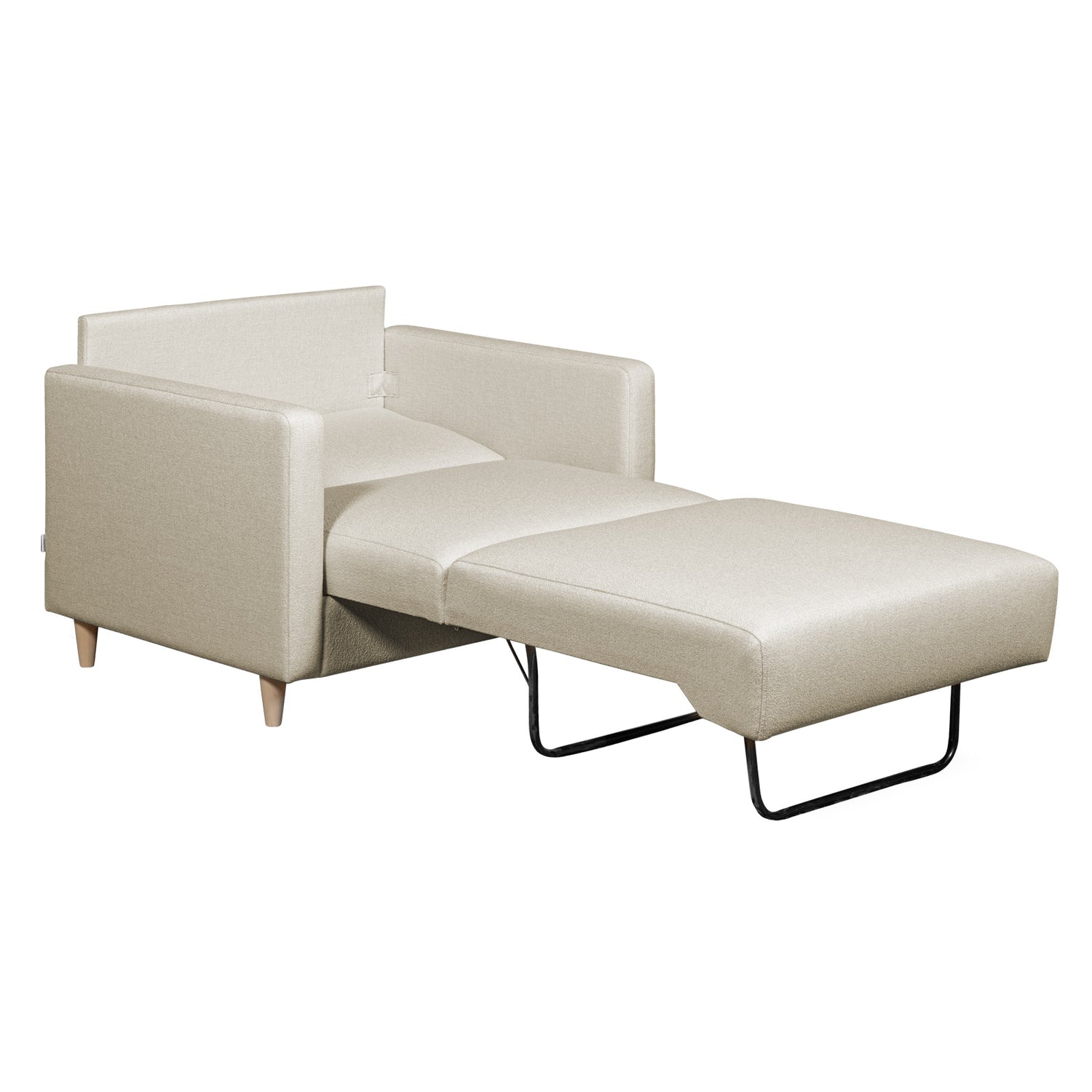 Salla-vuodetuoli beigellä Minco 30-kangasverhoilulla ja luonnonvärisillä puujaloilla. Helppokäyttöinen vuodemekanismi on nopea levittää yhdelle nukkujalle.