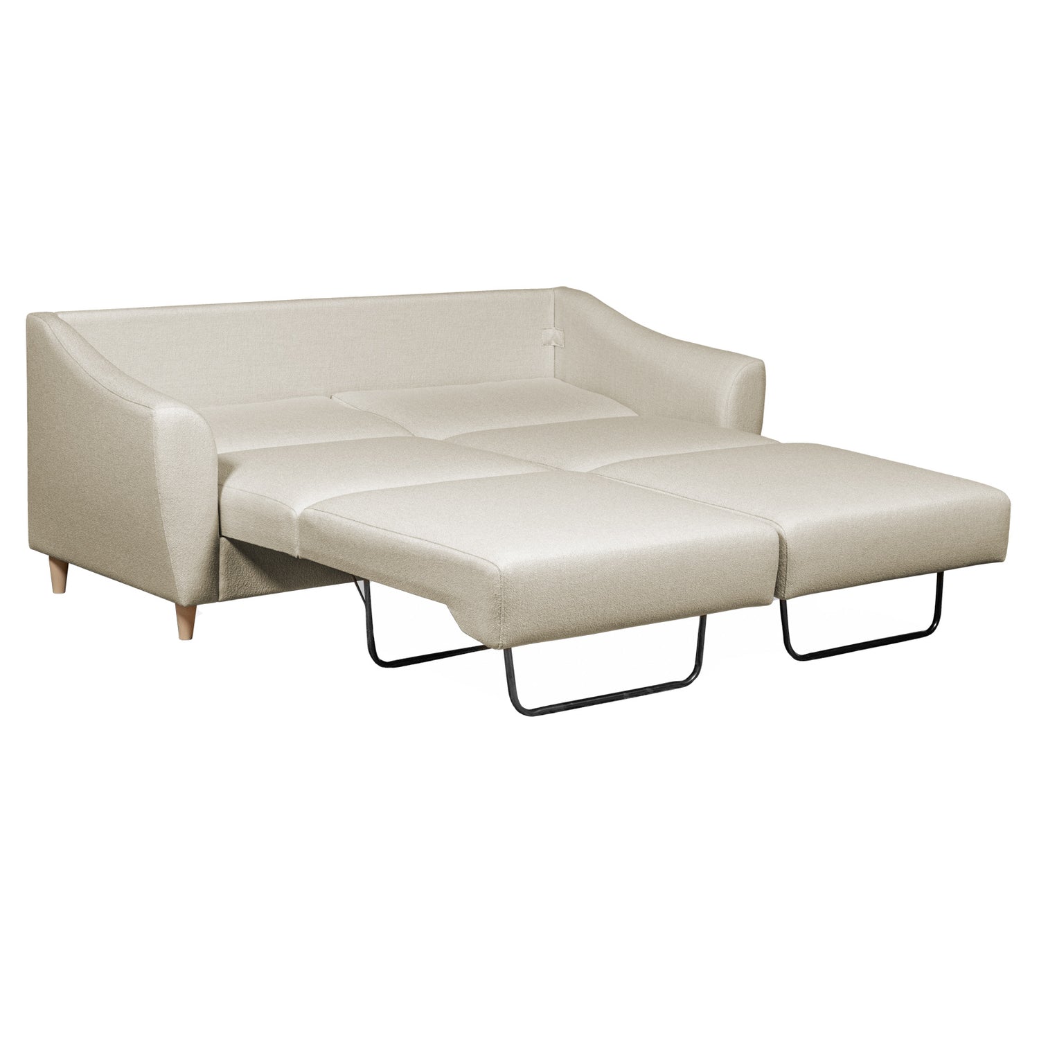 Salla-vuodesohva beigellä Minco 30-kangasverhoilulla ja luonnonvärisillä puujaloilla. Vuodemekanismin saa levitettyä yhdelle tai kahdelle nukkujalle.