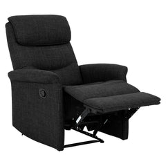 Kuvassa on Sanderson recliner-nojatuoli, tummanharmaalla kangasverhoilulla. Mekanismituolin jalkaosa on nostettuna.