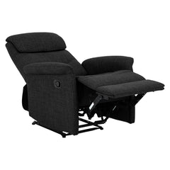 Kuvassa on Sanderson recliner-nojatuoli, tummanharmaalla kangasverhoilulla. Mekanismi on avattuna kokonaan: selkänoja on käännetty ja jalkaosa nostettuna.