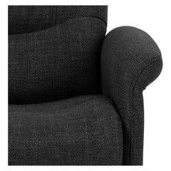 Lähikuvassa on Sanderson recliner-nojatuoli, tummanharmaalla kangasverhoilulla.