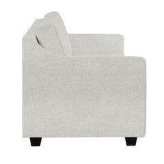 Seili-vuodesohva vaalean beigellä Minco 02 -verhoilukankaalla ja wengen värisillä puujaloilla.