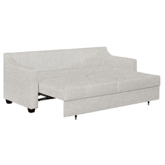 Seili-vuodesohva vaalean beigellä Minco 02 -verhoilukankaalla ja wengen värisillä puujaloilla.