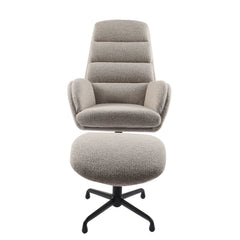 Sifton-nojatuoli ja rahi hiekanvärisellä Boucle-kankaalla, sekä mustalla ristikkojalalla.