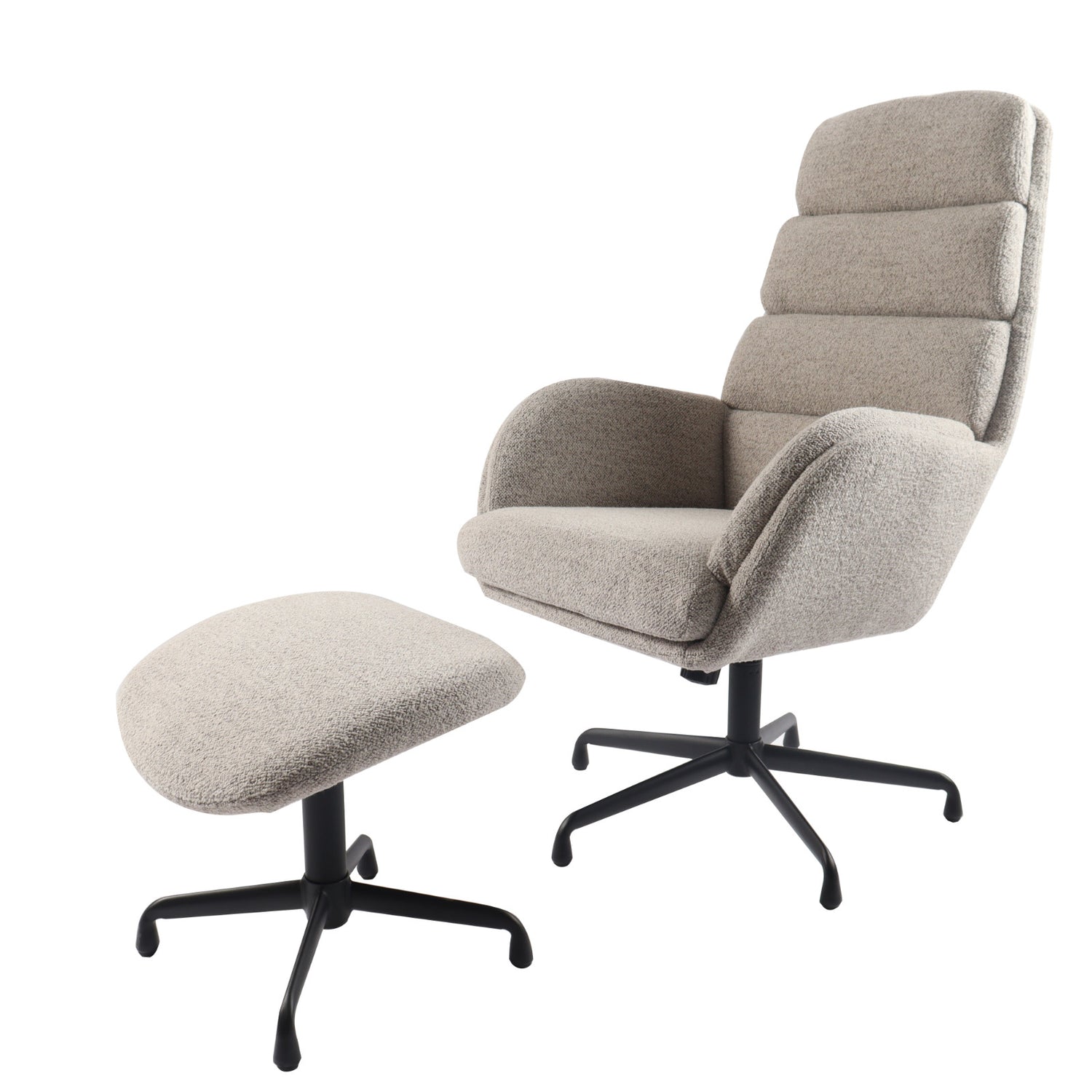 Sifton-nojatuoli ja rahi hiekanvärisellä Boucle-kankaalla, sekä mustalla ristikkojalalla.