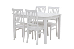 Sonja-ruokapöytä 120 x 80 cm, valkoinen. Kuvassa pöytä on yhdistetty pöytäryhmäksi neljän Sonja-tuolin kanssa.