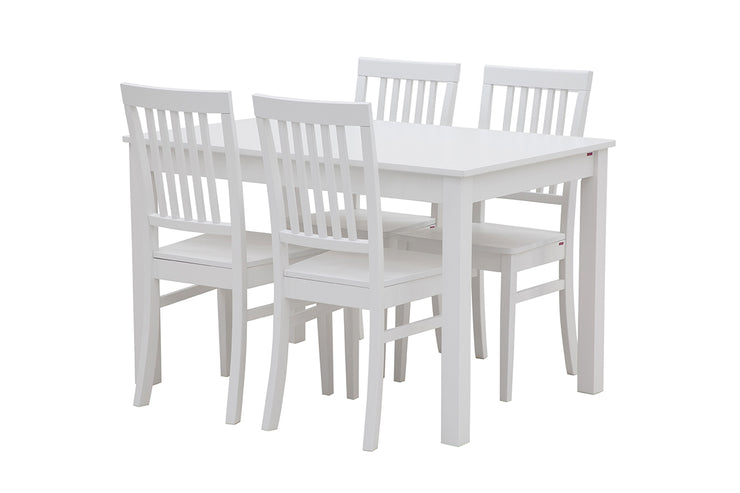 Sonja-ruokapöytä 120 x 80 cm, valkoinen. Kuvassa pöytä on yhdistetty pöytäryhmäksi neljän Sonja-tuolin kanssa.