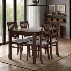 Kuvassa on Sonja-ruokaryhmä 120 x 80 cm, tumman pähkinän värinen. Tuolien istuinosien verhoilukankaana on vaaleanharmaa Atlantic 02.